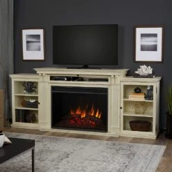 Tracey Grand Electric Fireplace TV Stand In Distressed White
