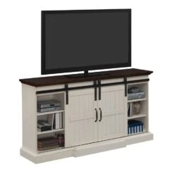 Hogan 66-in Farmhouse Fireplace TV Stand In Weathered White -electric fireplace Store ClassicFlame Hogan Silo Doors Closed Shelves Propped