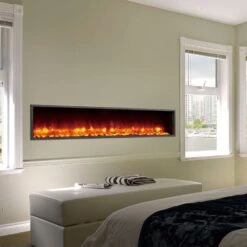 Dynasty 79-In Harmony Built-In Electric Fireplace -electric fireplace Store Dynasty DY BT79 Black Orange Pebbles Ember Bed Orange Flame Top Floor