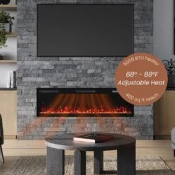 Modern Ember 60 In. Vibrance Built-In Smart Wi-Fi Enabled Linear Electric Fireplace With Remote Control And Adjustable Flame -electric fireplace Store Modern Ember 60 Vibrance Heat