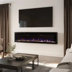 Modern Ember 72 In. Aerus LED Smart Electric Fireplace In Black With App Remote Control, Timer, And Multi-Color Flames 27 Modern Ember 72 In. Aerus LED Smart Electric Fireplace In Black With App Remote Control, Timer, And Multi-Color Flames -electric fireplace Store Modern Ember Aerus ME SL72 Blue Yellow Flame Lifestyle Angled Wall Hung Full 1
