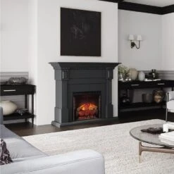 Modern Ember Augustine 55-in Electric Fireplace Mantel Package In Black -electric fireplace Store Modern Ember Augustine Black Lifestyle Angled