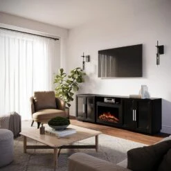 Channing 80-in Smart Black Electric Fireplace TV Stand -electric fireplace Store Modern Ember Channing TV Stand Lifestyle Angled
