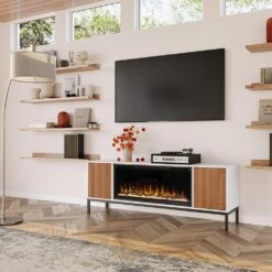 Emory 74-in Smart White Electric Fireplace TV Stand -electric fireplace Store Modern Ember Emory Lifestyle Angled