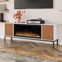 Emory 74-in Smart White Electric Fireplace TV Stand