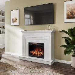 Modern Ember Larimore Electric Fireplace Mantel Package In White -electric fireplace Store Modern Ember Larimore Lifestyle Angled