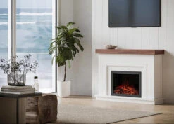 Modern Ember Leila Stone Venetian Electric Fireplace Mantel Package -electric fireplace Store Modern Ember Leila Mantel Angled Lifestyle
