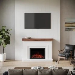Modern Ember Leila Stone Venetian Electric Fireplace Mantel Package -electric fireplace Store Modern Ember Leila Mantel Straight Lifestyle