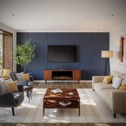 Marcel 74-in Smart Walnut Electric Fireplace TV Stand -electric fireplace Store Modern Ember Marcel TV Stand Lifestyle Straight