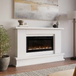 Modern Ember Patton Venetian Electric Fireplace Mantel Package In White -electric fireplace Store Modern Ember Patton White Lifestyle Angled