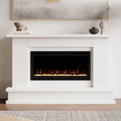 Modern Ember Patton Venetian Electric Fireplace Mantel Package In White -electric fireplace Store Modern Ember Patton White gif