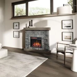 Modern Ember Raeford 40-in Stone Electric Fireplace Mantel Package -electric fireplace Store Modern Ember Raeford Stone Lifestyle Angled