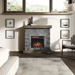 Modern Ember Raeford 40-in Stone Electric Fireplace Mantel Package -electric fireplace Store Modern Ember Raeford Stone Lifestyle Straight