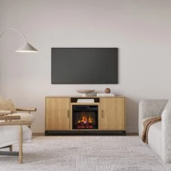 Rochester 56-in White Oak Electric Fireplace TV Stand 24 Rochester 56-in White Oak Electric Fireplace TV Stand -electric fireplace Store Modern Ember Rochester Electric Fireplace Media Console Lifestyle Straight
