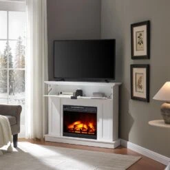 Modern Ember Tillary Corner Electric Fireplace Mantel Package -electric fireplace Store Modern Ember Tillary Lifestyle Angled