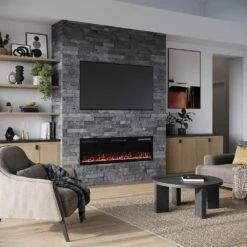 Modern Ember 60 In. Vibrance Built-In Smart Wi-Fi Enabled Linear Electric Fireplace With Remote Control And Adjustable Flame -electric fireplace Store Modern Ember Vibrance 60 Orange Flames Crystals Lifestyle Angled