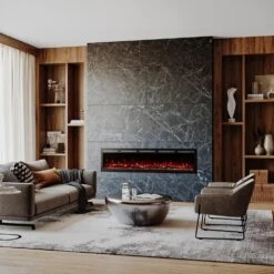 Modern Ember 72 In. Vibrance Built-In Smart Wi-Fi Enabled Linear Electric Fireplace With Remote Control And Adjustable Flame -electric fireplace Store Modern Ember Vibrance 72 Orange Flame Logs Lifestyle Angled