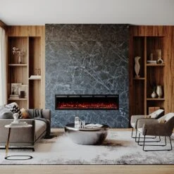 Modern Ember 72 In. Vibrance Built-In Smart Wi-Fi Enabled Linear Electric Fireplace With Remote Control And Adjustable Flame -electric fireplace Store Modern Ember Vibrance 72 Orange Flame Logs Lifestyle Straight