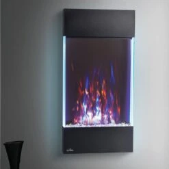 Napoleon 32-In Allure Vertical Wall Mount Electric Fireplace- NEFVC32H -electric fireplace Store Napoleon NEFVC32H Black Clear Crystal Media Blue Line Multi Flame Closeup