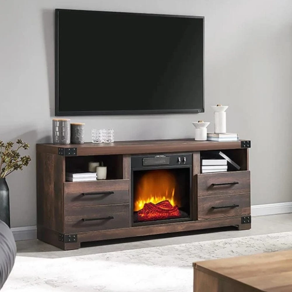 Perry Electric Fireplace TV Stand In Rustic Brown 1 Perry Electric Fireplace TV Stand In Rustic Brown