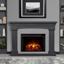 Deland Grand Electric Fireplace Mantel Package In Gray Stone