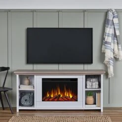 Tramore Slim 62-in Electric Fireplace TV Stand In White -electric fireplace Store Real Flame Tramore Slim White 13055E WHT Lifestyle 3