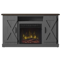 Killian Electric Fireplace TV Stand In Huron Gray 15 Killian Electric Fireplace TV Stand In Huron Gray -electric fireplace Store Twin Star 18MM6127 TPG22S Black Orangish Ember Bed Logset Yellow Flame Close Door Front