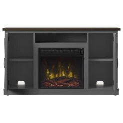 Killian Electric Fireplace TV Stand In Huron Gray 19 Killian Electric Fireplace TV Stand In Huron Gray -electric fireplace Store Twin Star 18MM6127 TPG22S Black Orangish Ember Bed Logset Yellow Flame Open Door Front