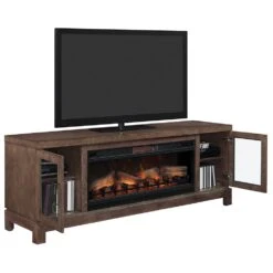 Berkeley 76-In Infrared Electric Fireplace TV Stand In Spanish Gray -electric fireplace Store Twin Star 42MM6018 I614 and 42II042FGT Black Orange Glowing Ember Bed Logset Orange Flame Right Top Tilt Opendoor 01c01833 262e 41dc 83b2 d64e7d6514f6